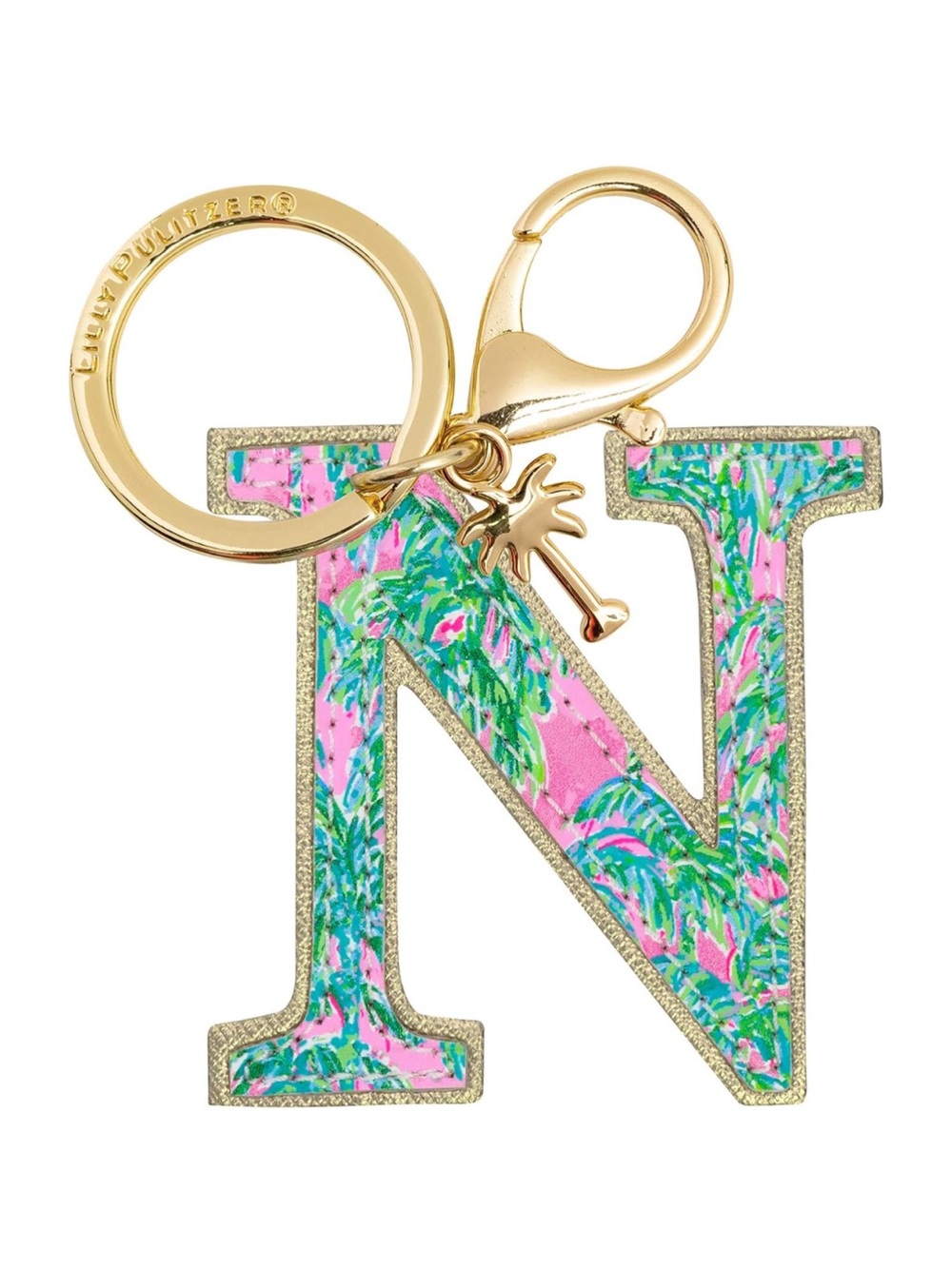 New Lilly Pulitzer Pink & Green Patterned 'N' Initial Keychain with Gold Accents